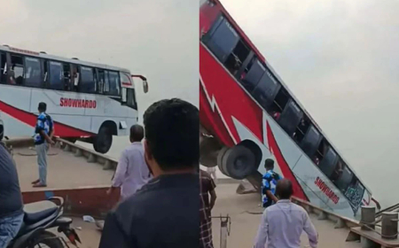 দৌলতদিয়া ঘাটে ফেরিতে উঠতে গিয়ে বাস নদীতে